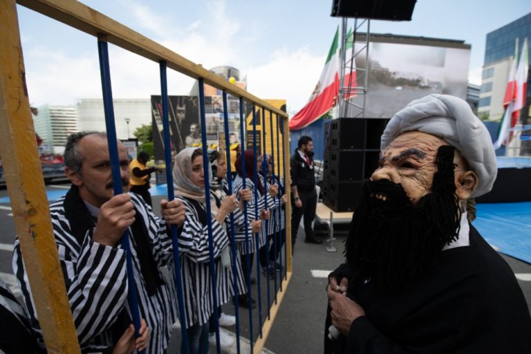 'No to Rouhani' protest by supporters of the Iranian opposition Mujahedin e Khalq MEK