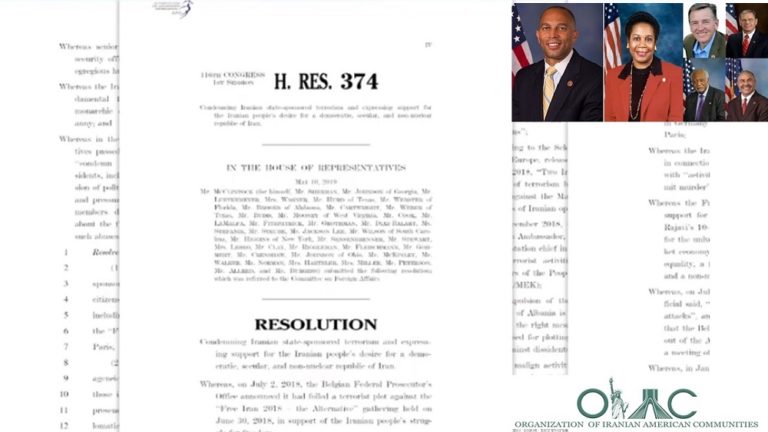 House Resolution 374 was unveiled at a conference organized by the Organization of Iranian-American Communities (OIAC) on October 30, 2019 at the House of Representatives