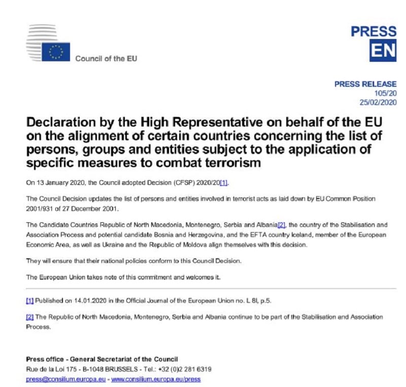 Declaration by the High Representative on behalf of the EU on the alignment of certain countries concerning the list of persons, groups and entities subject to the application of specific measures to combat terrorism