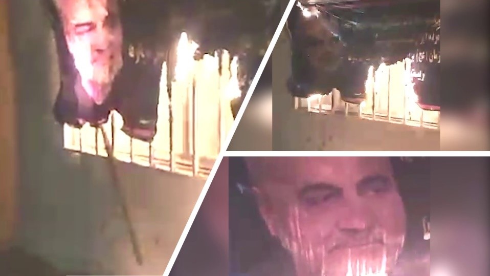 Torching-Qassem-Soleimanis-banner-in-Kerman-April-15 Torching Qassem Soleimani's banner in Kerman - April 15