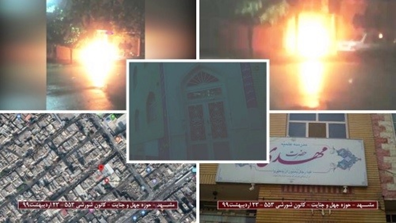 Shiraz-and-Mashhad-Mullahs’-seminaries-May-12-2020 Iran: Defiant Youths Target Centers of Plunder, Repression and Mullahs’ Seminaries and Torch Khamenei and Soleimani’s Photos in Various Cities