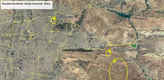 The new SPND site shown with a circle, to the south is Hemmat site in Khojir area the old location of Sorkheh Hesar at Mojdeh site is also shown