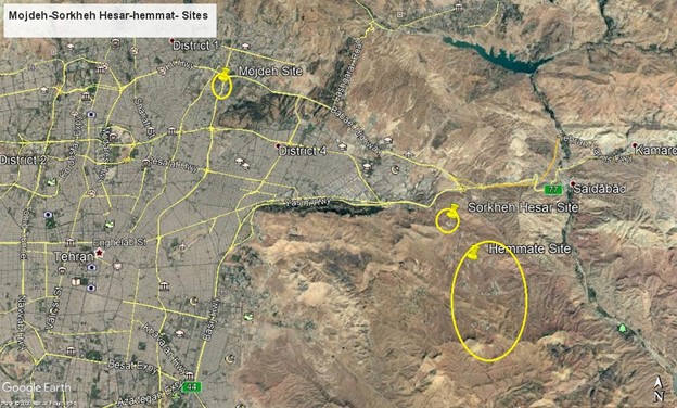 The new SPND site shown with a circle, to the south is Hemmat site in Khojir area the old location of Sorkheh Hesar at Mojdeh site is also shown