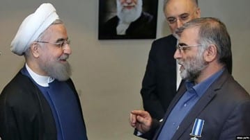 Fakhrizadeh-talking-to-Hassan-Rouhani-after-receiving-a-medal-from-him Fakhrizadeh-talking-to-Hassan-Rouhani-after-receiving-a-medal-from-him