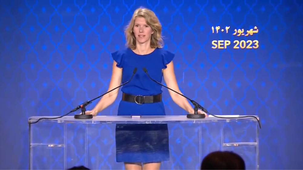 Els Ampe at the Iranian Democratic Opposition NCRI's international conference on the one-year anniversary of the nationwide uprising; September 15, 2023