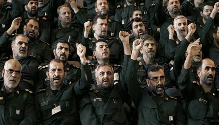 IRGC commanders chant slogans during a state-organized ceremony in Iran,
