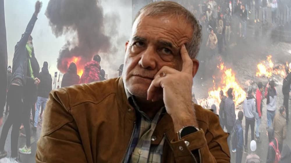 President Masoud Pezeshkian seen in a moment of deep concern, as images of past nationwide protests loom behind him