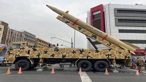 The Kheybar Shekan ballistic missile displayed during a military parade in Iran