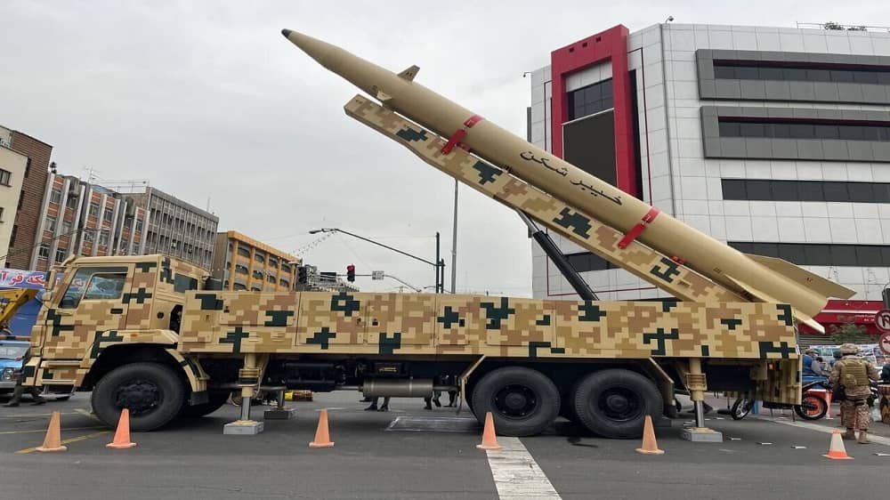 The Kheybar Shekan ballistic missile displayed during a military parade in Iran