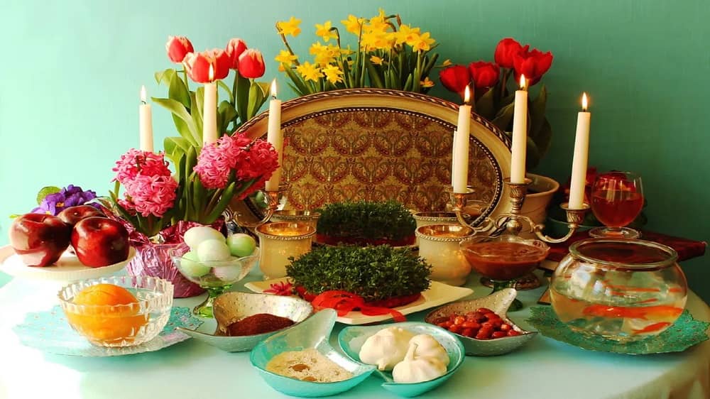 The traditional Haft Seen Table: A traditional display of seven symbolic items, each starting with "seen," welcoming Nowruz and the spring season
