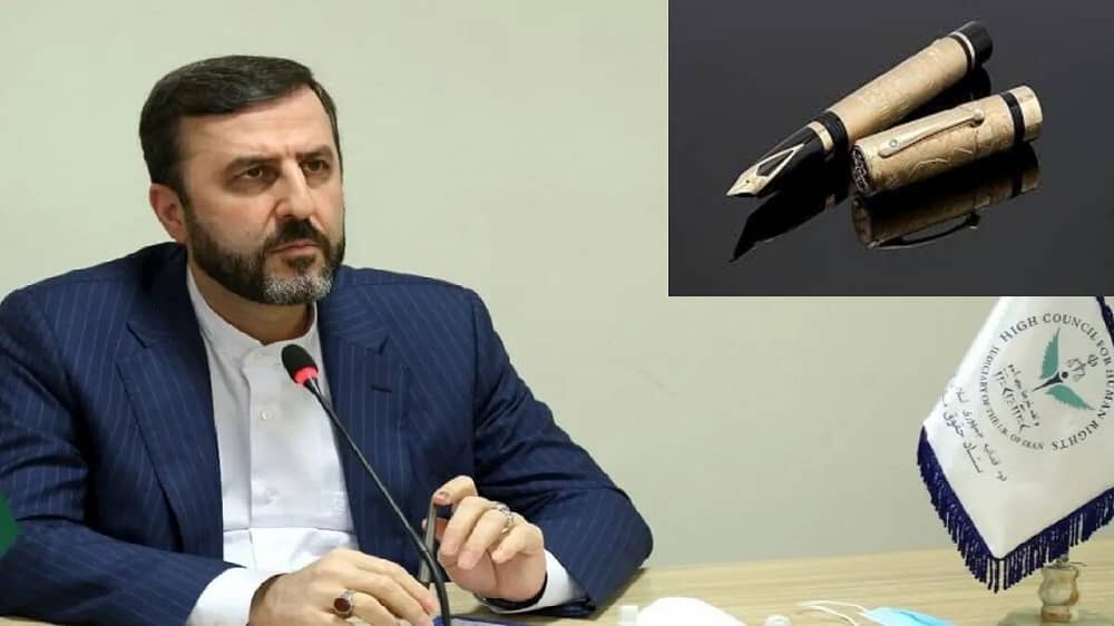 Kazem Gharibabadi, senior Iranian negotiator and former judiciary official (left), and the gold-plated fountain pen valued at over $14,000 (right)