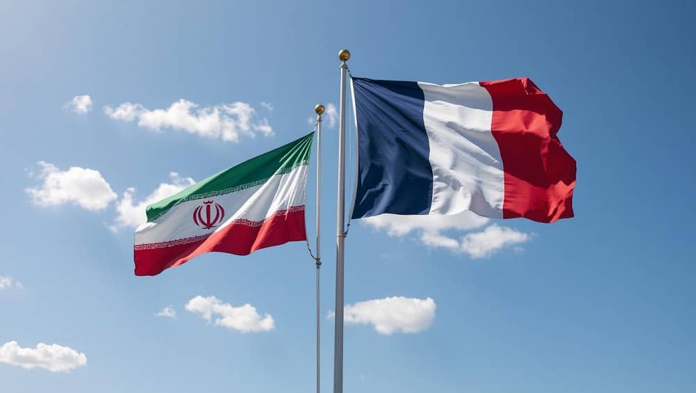 AI-generated image showing the French and Iranian regime flags flying in opposing directions, symbolizing conflicting winds and tensions