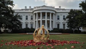 AI-generated image of a golden crown resting on fallen leaves outside the White House