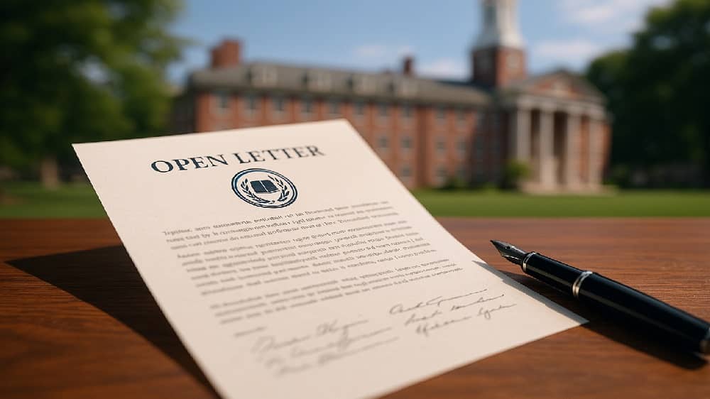 AI-generated image of an open letter with a U.S. university in the background