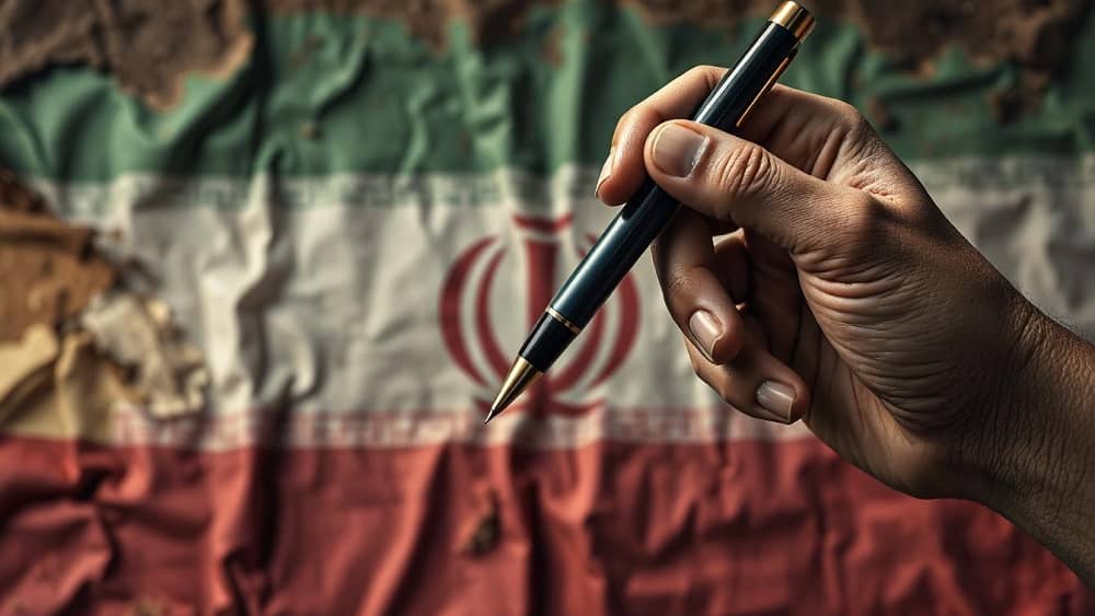AI-generated image of a pen set against the Iranian regime’s flag, symbolizing journalists aligned with the clerical dictatorship
