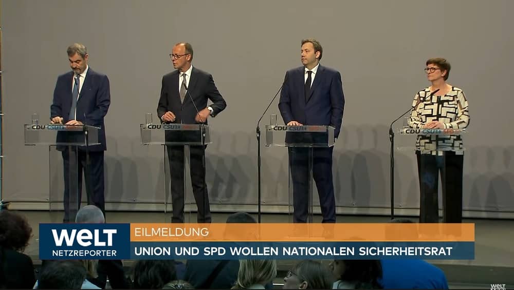 Leaders of CDU, CSU, and SPD present their coalition plans for Germany during a joint press conference in Berlin, April 9, 2025 | Source: die Welt YouTube