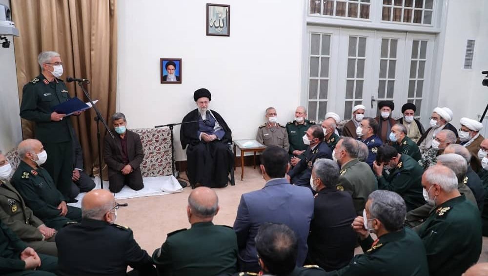 The Iranian regime's Supreme Leader Ali Khamenei meets with senior military commanders in Tehran on April 13, 2025