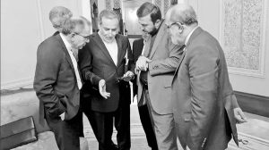 Iranian regime’s delegation in consultation during nuclear talks in Oman, April 12, 2025