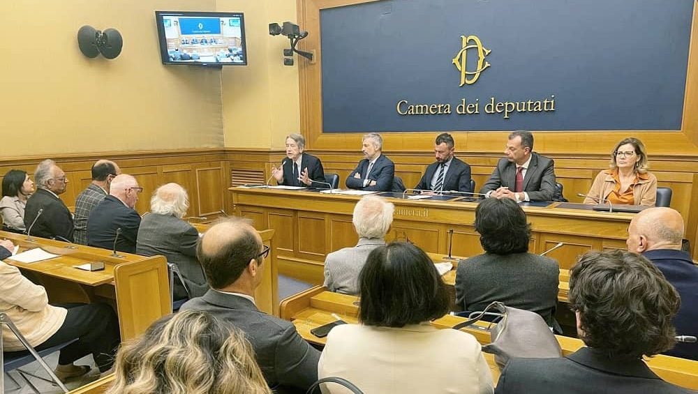 Senator Giulio Terzi addresses the conference in the Italian Parliament, April 17, 2025