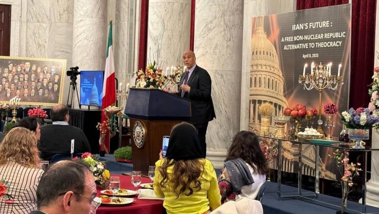 Senator Cory Booker addresses a Senate Luncheon on April 8, 2025