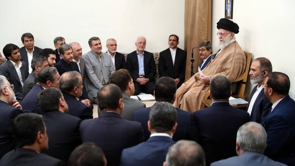 Iran regime's Supreme Leader Ali Khamenei addresses governors and Interior Ministry officials on May 28, 2025