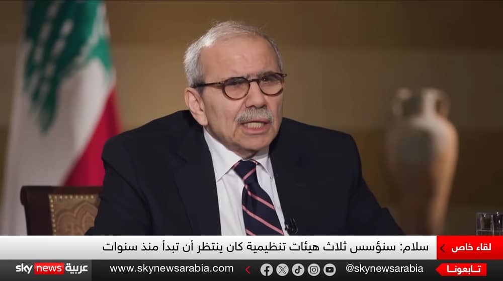 Lebanese Prime Minister Nawaf Salam speaks during an interview with Sky News Arabia in Abu Dhabi, May 27, 2025