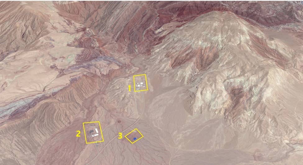 Oblique aerial photo of the site, divided into three sections