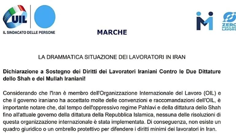 Screenshot of the Italian Labor Union (UIL) statement declaring solidarity with Iranian workers — April 2025