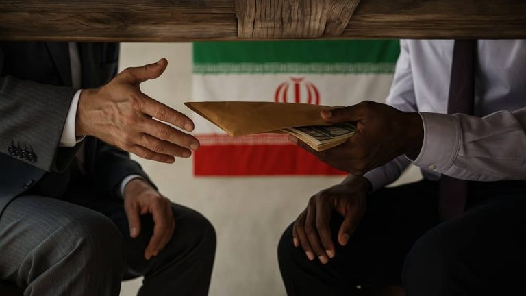 AI-generated image of a covert exchange under the table, symbolizing corruption and clandestine dealings within Iran’s regime