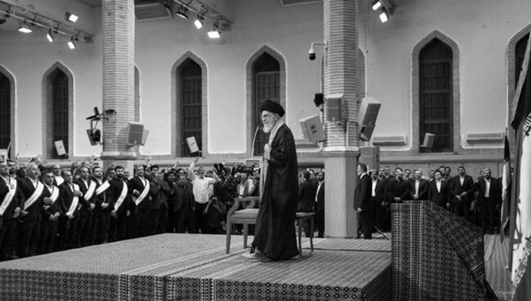 Iranian regime's Supreme Leader Ali Khamenei speaks to a state-organized audience presented as workers, during a Labor Week event in Tehran, May 10, 2025