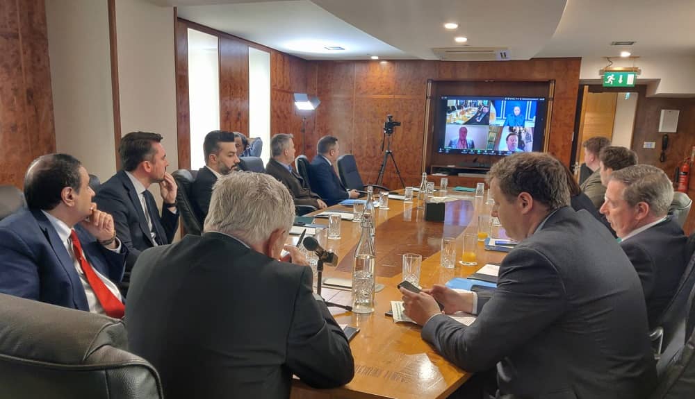 Members of the Irish Parliament and Senate listen attentively as Maryam Rajavi addresses the conference via video link — April 29, 2025