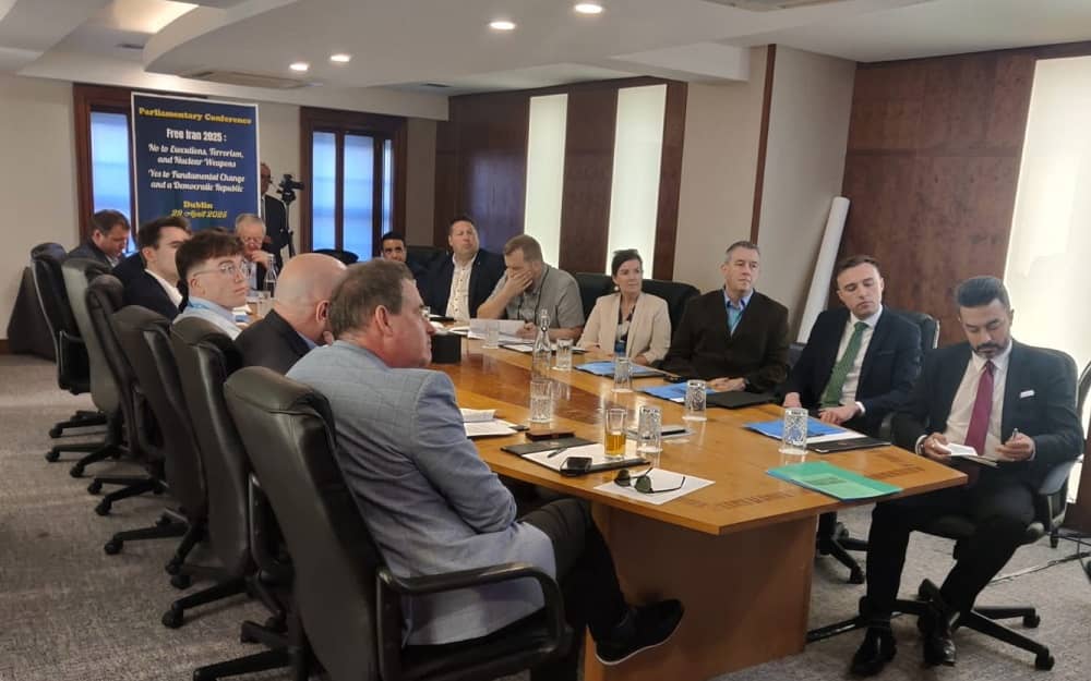 Members of the Irish Parliament and Senate listen attentively as Maryam Rajavi addresses the conference via video link — April 29, 2025