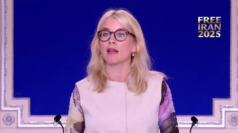 Icelandic MP Dilja Mist Einarsdottir addresses an NCRI conference on May 31, 2025