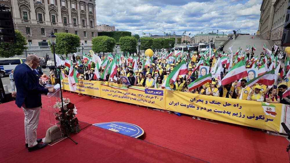 Dr. Alejo Vidal Quadras addresses Supporters of the Iranian Resistance who rallied on June 21, 2025, in Stockholm, Sweden