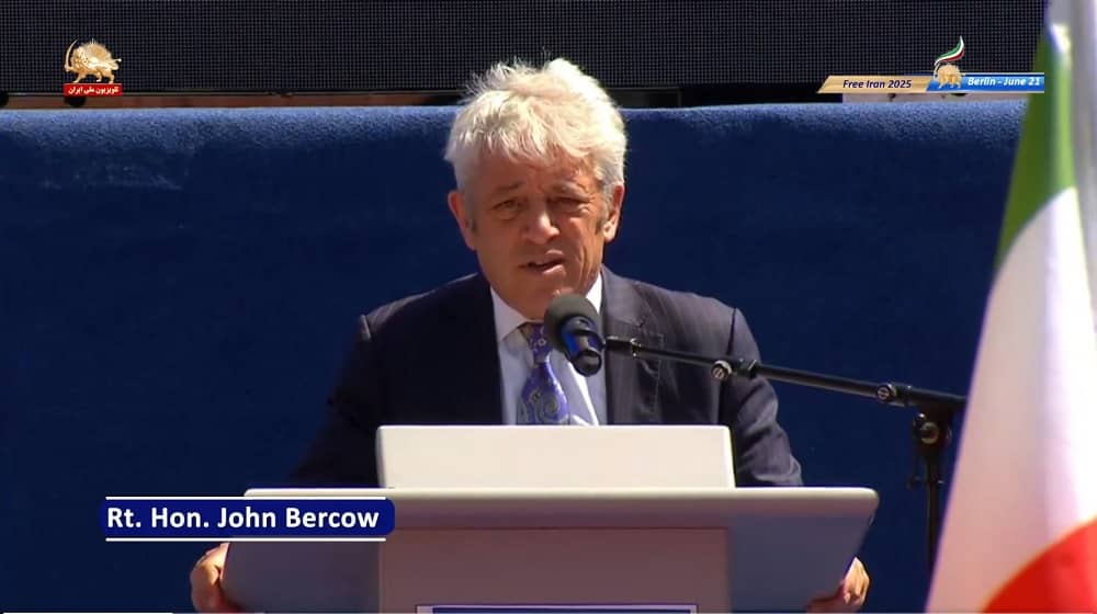 Former UK Parliament Speaker John Bercow addresses NCRI rally in Berlin on June 21, 2025