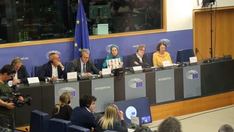 Maryam Rajavi is giving a speech in the EU Parliament on June 18, 2025.