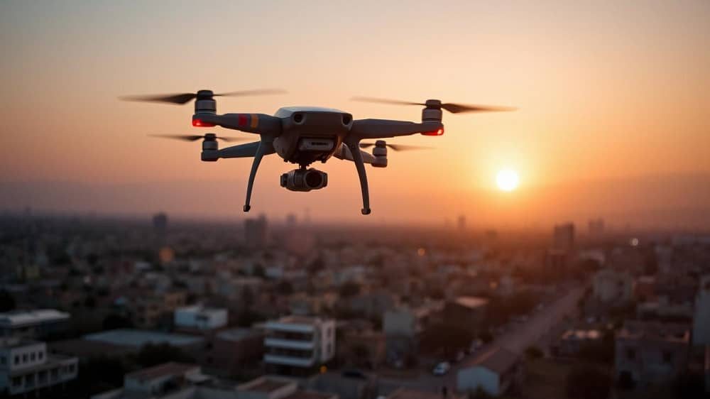 An AI-generated depiction of a surveillance drone hovering over Tehran