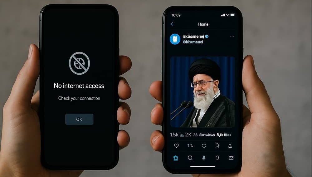 AI-generated image shows one display with pro-regime content, the other with no access—illustrating Iran’s digital apartheid in action