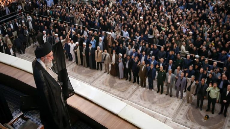 The Iranian regime's Supreme Leader Ali Khamenei waves to supporters during a speech marking the 36th anniversary of Ruhollah Khomeini’s death at his mausoleum in southern Tehran, June 4, 2025