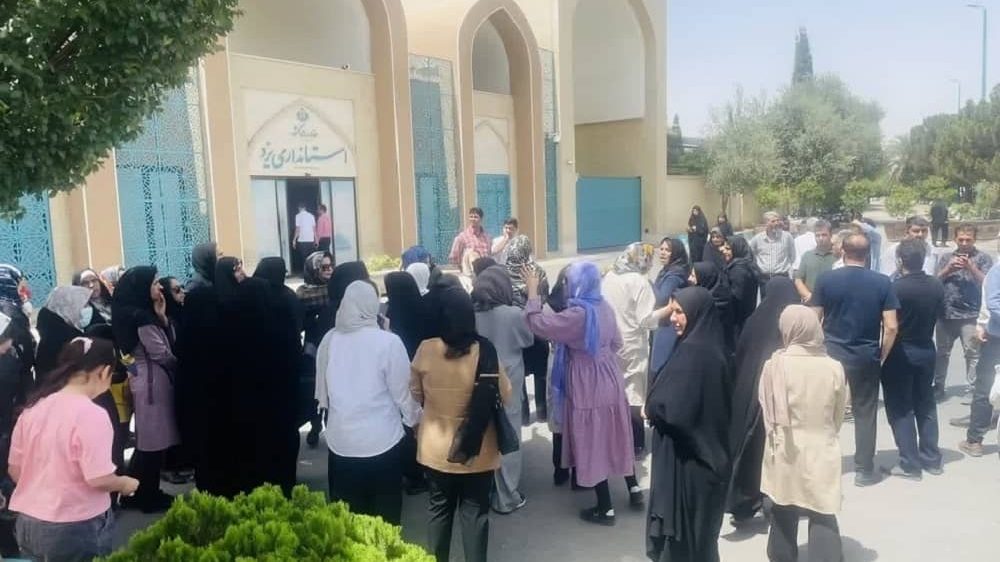 May 31, 2025 – Yazd, Iran: Families of students gather outside the Yazd governor’s office to protest a 37 million toman tuition fee imposed by Seyyed al-Shohada School