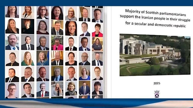 Composite image showing portraits of Scottish parliamentarians alongside the cover of their 2025 declaration, which supports the Iranian people’s fight for a secular and democratic republic