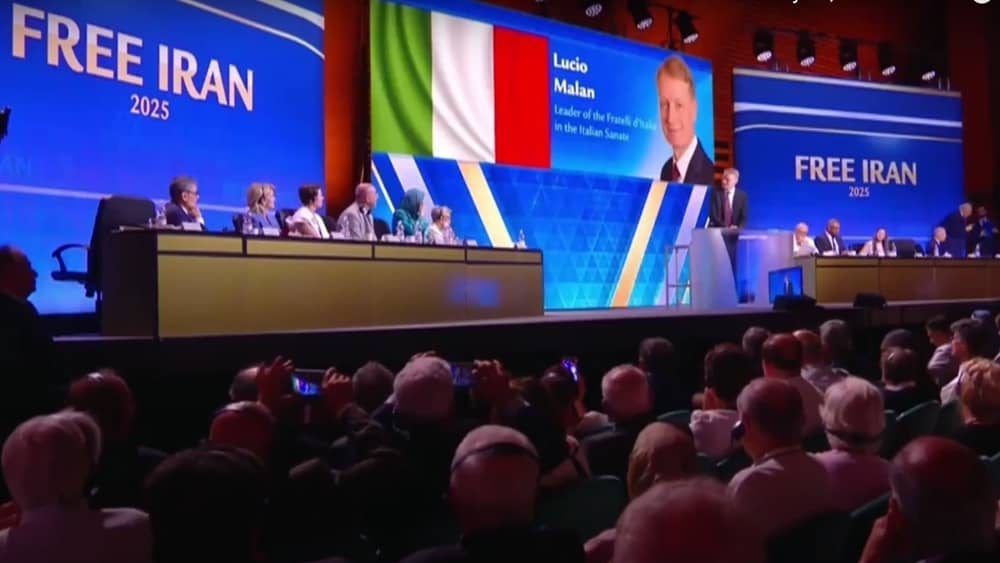 Italian Senator Lucio Malan speaks at the third session of the 2025 Free Iran World Summit in Rome, July 31, 2025