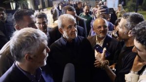 Masoud Pezeshkian, the Iranian regime’s president, surrounded by state-affiliated reporters amid mounting political attacks from rival factions