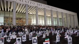 NCRI supporters gather outside the Palazzo del Congressi in Rome, Italy on July 31, 2025