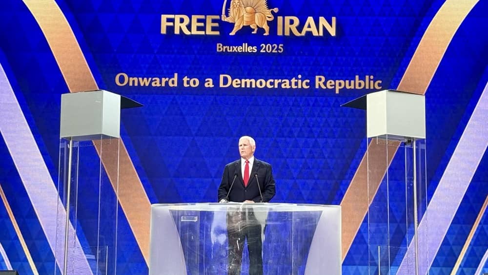Former US Vice President Mike Pence addresses the 2025 Free Iran Rally in Brussels on September 6, 2025