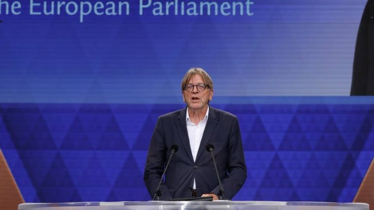 Former Belgian Prime Minister Guy Verhofstadt addresses the 2025 Free Iran Rally in Brussels on September 6, 2025