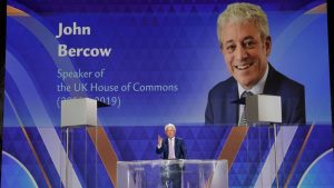John Bercow, former UK Parliament Speaker addresses the 2025 Free Iran Rally in Brussels on September 6, 2025