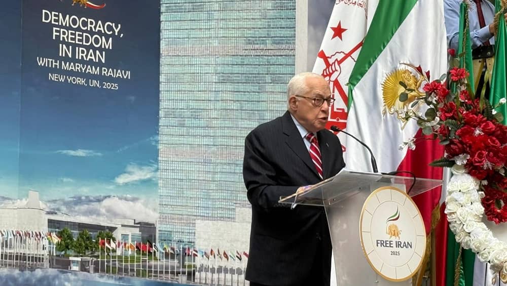 Judge Michael Mukasey, former U.S. Attorney General, addresses a major rally in NYC on September 23, 2025