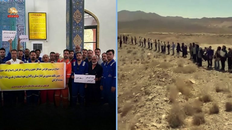 Left Protest by oil and gas sector workers in Siri Island Right Protests by residents of Tarqrud against the destruction of their environment