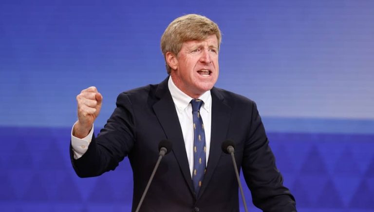 Former US Congressman Patrick Kennedy addresses the 2025 Free Iran Rally in Brussels on September 6, 2025